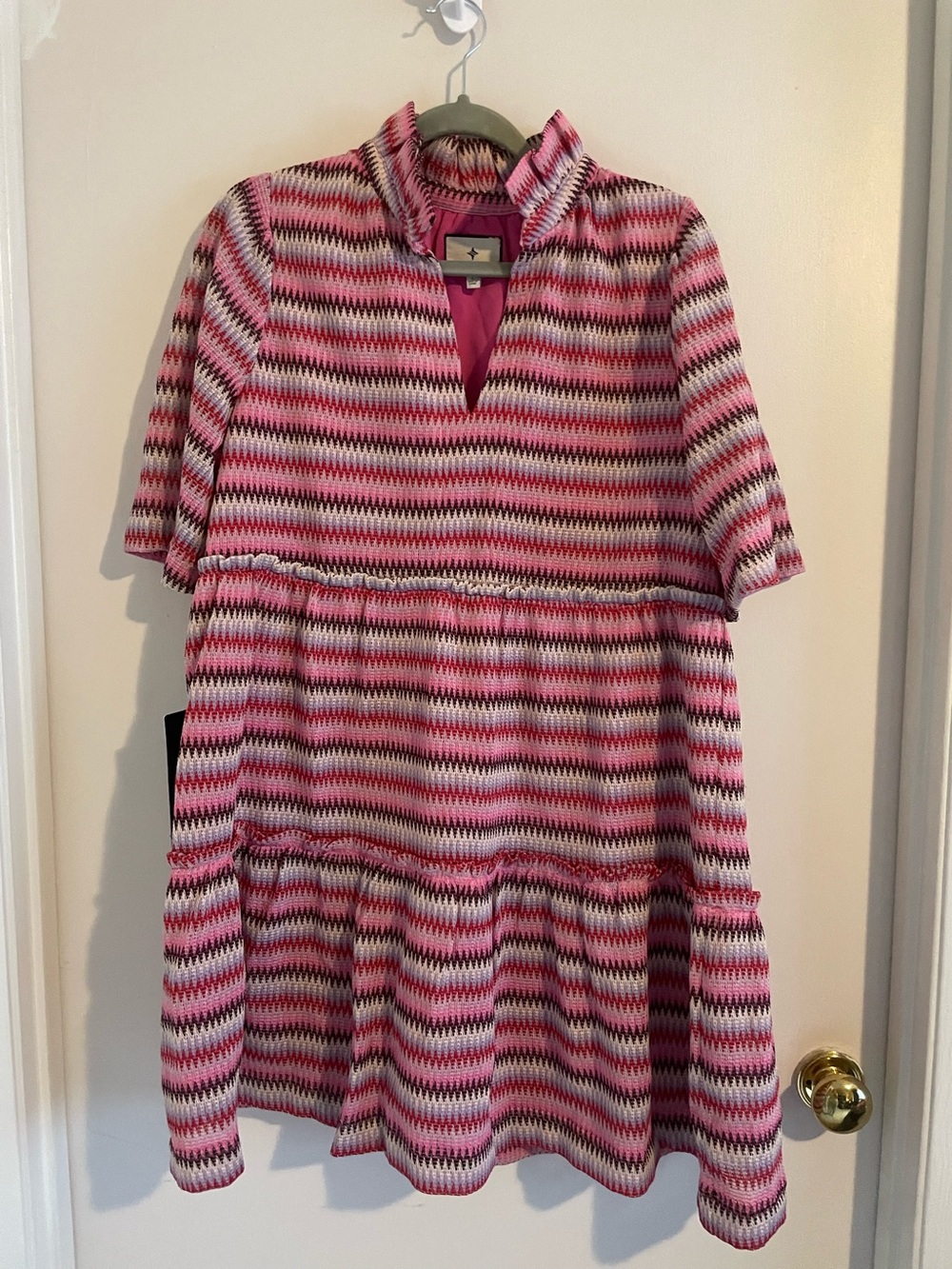 Tuckernuck Pink Multicolor Zigzag Knit Tiered Dress NWT L